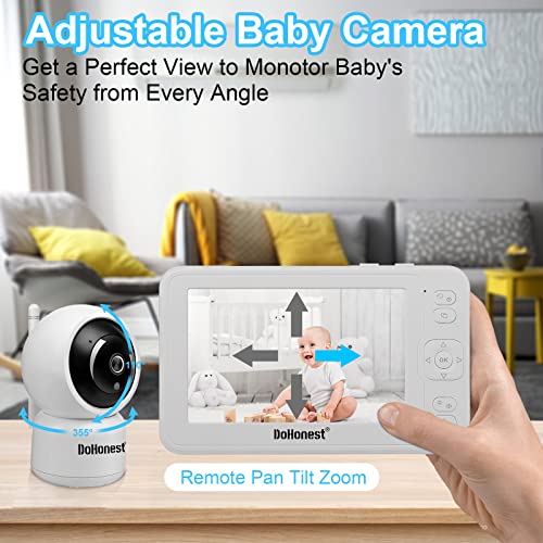 DoHonest Baby Monitor with Camera and Audio - HD 1080P 5" Color Screen Wireless Infant Video Camera Remote Pan No WiFi Night Vision 2-Way Talk Temperature 1000ft Range Ideal for Gifts