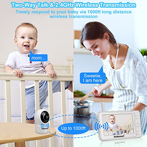 DoHonest Baby Monitor with Camera and Audio - HD 1080P 5" Color Screen Wireless Infant Video Camera Remote Pan No WiFi Night Vision 2-Way Talk Temperature 1000ft Range Ideal for Gifts