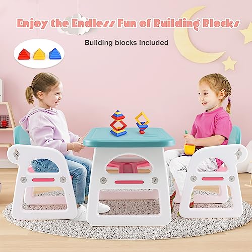 Costzon Kids Table and Chair Set, 3-Piece Plastic Activity Table with Building Blocks, Storage Shelf for Children Reading, Drawing, Writing, Arts & Crafts, Toddler Table and Chair Set (Blue)