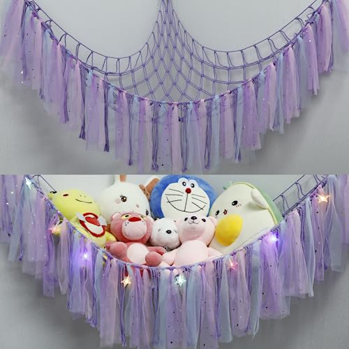 YELIENM Stuffed Animals Net or Hammock with LED Light, 59 inch Toy Hammock Net for Stuffed Animals Corner Hanging Stuffed Animal Storage Stuffed Animal Holder for Nursery Kids Bedroom (Purple)…