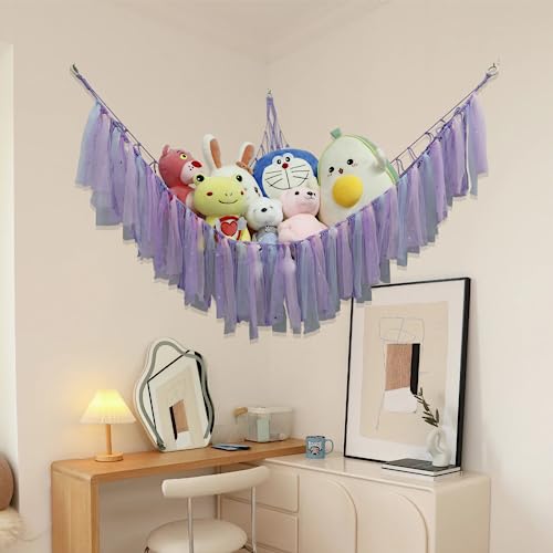 YELIENM Stuffed Animals Net or Hammock with LED Light, 59 inch Toy Hammock Net for Stuffed Animals Corner Hanging Stuffed Animal Storage Stuffed Animal Holder for Nursery Kids Bedroom (Purple)…