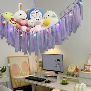 YELIENM Stuffed Animals Net or Hammock with LED Light, 59 inch Toy Hammock Net for Stuffed Animals Corner Hanging Stuffed Animal Storage Stuffed Animal Holder for Nursery Kids Bedroom (Purple)…