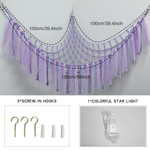 YELIENM Stuffed Animals Net or Hammock with LED Light, 59 inch Toy Hammock Net for Stuffed Animals Corner Hanging Stuffed Animal Storage Stuffed Animal Holder for Nursery Kids Bedroom (Purple)…