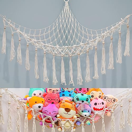 Stuffed Animal Net or Hammock 55inch Toys Net for Stuffed Animals Corner, Boho Decor Toy Hammock Macrame Stuffed Toys Corner Mesh Hammock Hanging Net for Bedroom Nursery Kids Room