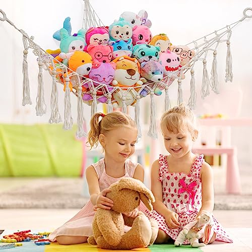 Stuffed Animal Net or Hammock 55inch Toys Net for Stuffed Animals Corner, Boho Decor Toy Hammock Macrame Stuffed Toys Corner Mesh Hammock Hanging Net for Bedroom Nursery Kids Room