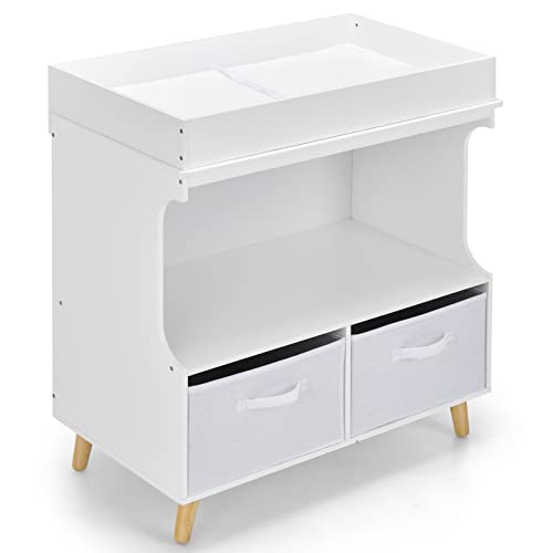 INFANS Baby Changing Table, Wood Diaper Dresser Station with Waterproof Pad 2 Storage Baskets Drawers Shelves and Safety Belt, Nursery Organizer Stand for Newborn Infant,White