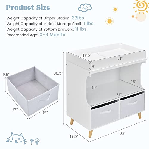 INFANS Baby Changing Table, Wood Diaper Dresser Station with Waterproof Pad 2 Storage Baskets Drawers Shelves and Safety Belt, Nursery Organizer Stand for Newborn Infant,White