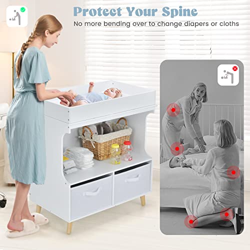 INFANS Baby Changing Table, Wood Diaper Dresser Station with Waterproof Pad 2 Storage Baskets Drawers Shelves and Safety Belt, Nursery Organizer Stand for Newborn Infant,White