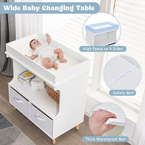 INFANS Baby Changing Table, Wood Diaper Dresser Station with Waterproof Pad 2 Storage Baskets Drawers Shelves and Safety Belt, Nursery Organizer Stand for Newborn Infant,White