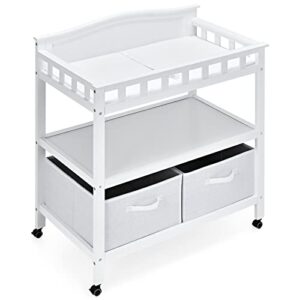 infans baby changing table, wood diaper dresser station with pad 2 storage drawers baskets shelves 4 lockable wheels and safety belt, nursery organizer stand for newborn infant
