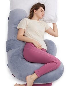 momcozy pregnancy pillows, original f shaped maternity pillow for pregnant women with adjustable wedge pillow, full body support pregnancy pillows for side sleeping with velvet cover, grey