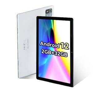xcx android 12 tablet, 10 inch tablet with 64bit 4-core processor, 32gb rom 2gb ram tablet android, wifi, bluetooth, usb-c rechargeable, dual camera (silver)