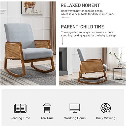 NIOIIKIT Nursery Rocking Chair with Wood Frames, Mid Century Upholstered Farmhouse Living Room Armchair, Comfy Glider Rocker for Nursery Living Room Bedroom Reading Indoor (Light Grey)