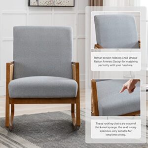 NIOIIKIT Nursery Rocking Chair with Wood Frames, Mid Century Upholstered Farmhouse Living Room Armchair, Comfy Glider Rocker for Nursery Living Room Bedroom Reading Indoor (Light Grey)