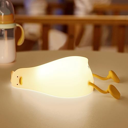 GEAMSAM Lying Flat Duck Night Light, LED Squishy Duck Lamp,Cute Silicone Dimmable Nursery Nightlight,Rechargeable Bedside Touch Lamp for Breastfeeding Toddler Baby Kids Rome Decor