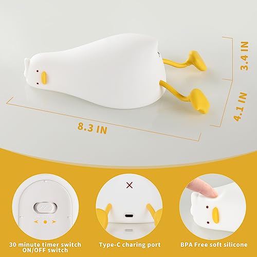 GEAMSAM Lying Flat Duck Night Light, LED Squishy Duck Lamp,Cute Silicone Dimmable Nursery Nightlight,Rechargeable Bedside Touch Lamp for Breastfeeding Toddler Baby Kids Rome Decor