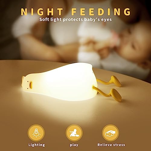 GEAMSAM Lying Flat Duck Night Light, LED Squishy Duck Lamp,Cute Silicone Dimmable Nursery Nightlight,Rechargeable Bedside Touch Lamp for Breastfeeding Toddler Baby Kids Rome Decor