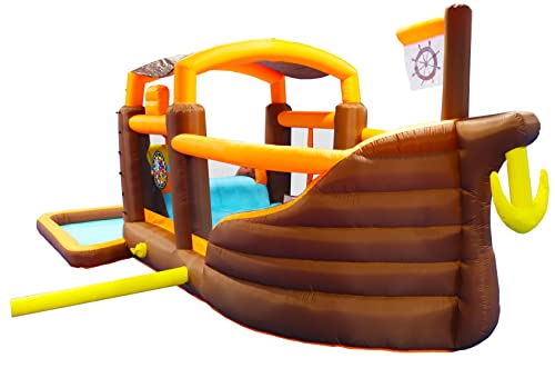 Inflatable Water Slide, Inflatable Playground Backyard Water Park with Climbing Wall, Playground Sets for Kids Backyard, Cruise Ship Design Splash Pool & Basketball & Blower