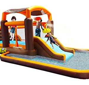 Inflatable Water Slide, Inflatable Playground Backyard Water Park with Climbing Wall, Playground Sets for Kids Backyard, Cruise Ship Design Splash Pool & Basketball & Blower