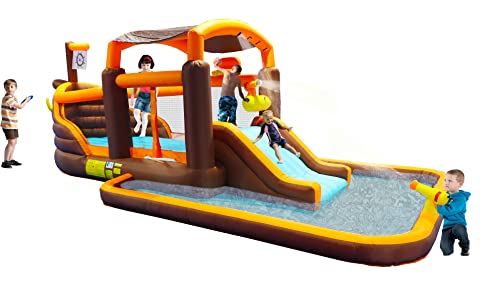 Inflatable Water Slide, Inflatable Playground Backyard Water Park with Climbing Wall, Playground Sets for Kids Backyard, Cruise Ship Design Splash Pool & Basketball & Blower