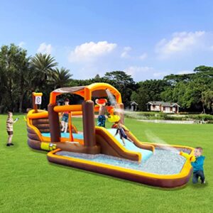 Inflatable Water Slide, Inflatable Playground Backyard Water Park with Climbing Wall, Playground Sets for Kids Backyard, Cruise Ship Design Splash Pool & Basketball & Blower