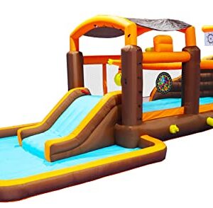 Inflatable Water Slide, Inflatable Playground Backyard Water Park with Climbing Wall, Playground Sets for Kids Backyard, Cruise Ship Design Splash Pool & Basketball & Blower