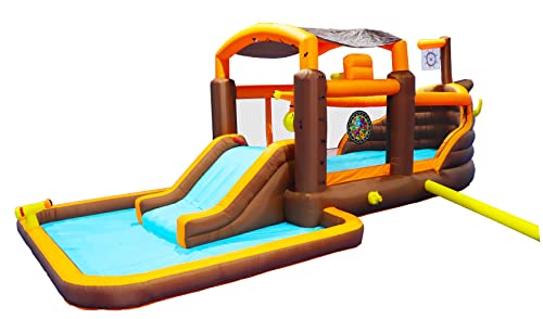 Inflatable Water Slide, Inflatable Playground Backyard Water Park with Climbing Wall, Playground Sets for Kids Backyard, Cruise Ship Design Splash Pool & Basketball & Blower