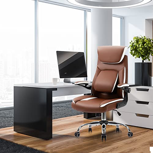 YAMASORO High Back Executive Ergonomic Office Chair with Lumbar Support Leather Desk Chairs with FILP-up Arms and Wheels, Camel