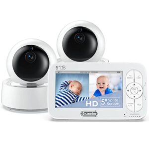 dr.meter 5'' split screen baby monitor with 2 cameras, 720p hd video baby monitor with camera and audio, baby camera monitor with remote ptz, 2-way talk, 4x zoom, 5000mah battery, no wifi