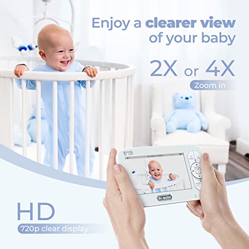 Dr.meter 5'' Split Screen Baby Monitor with 2 Cameras, 720p HD Video Baby Monitor with Camera and Audio, Baby Camera Monitor with Remote PTZ, 2-Way Talk, 4X Zoom, 5000mAh Battery, No WiFi