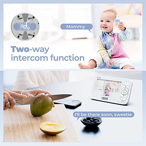 Dr.meter 5'' Split Screen Baby Monitor with 2 Cameras, 720p HD Video Baby Monitor with Camera and Audio, Baby Camera Monitor with Remote PTZ, 2-Way Talk, 4X Zoom, 5000mAh Battery, No WiFi