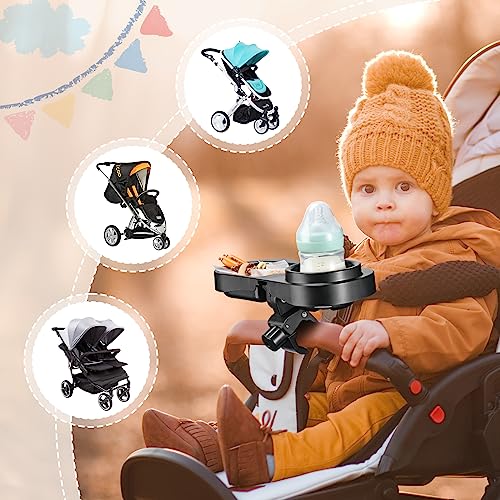 2 in 1 Universal Stroller Snack Tray with Cup Holder, Snack Catcher and Drink Holder for Stroller Snack Tray Attachment - Upgraded Removable Clip for Bumper Bar of Stroller Tray for Baby (Black)