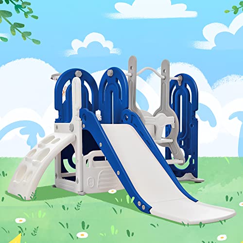 Toddler Swing and Slide Set 5 in 1 Kids Climber Slide Playset with Basketball Hoop Indoor & Outdoor Playground Freestanding Slide Combination for Babies Boys Girls, Blue