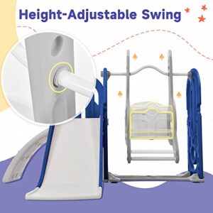 Toddler Swing and Slide Set 5 in 1 Kids Climber Slide Playset with Basketball Hoop Indoor & Outdoor Playground Freestanding Slide Combination for Babies Boys Girls, Blue