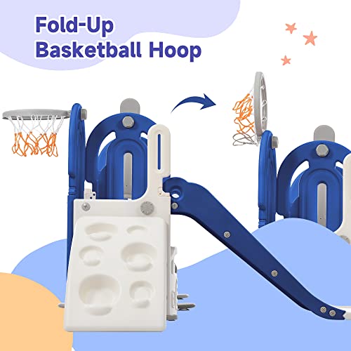 Toddler Swing and Slide Set 5 in 1 Kids Climber Slide Playset with Basketball Hoop Indoor & Outdoor Playground Freestanding Slide Combination for Babies Boys Girls, Blue