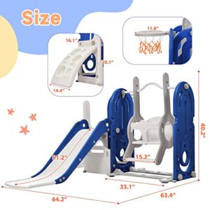 Toddler Swing and Slide Set 5 in 1 Kids Climber Slide Playset with Basketball Hoop Indoor & Outdoor Playground Freestanding Slide Combination for Babies Boys Girls, Blue