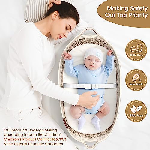 meloom Baby Changing Basket with Pads and Safety Belt, Thick Foam Pad with Wipeable Water-Resistant Pad Cover, Moses Basket Changing Table Topper Changing Pad