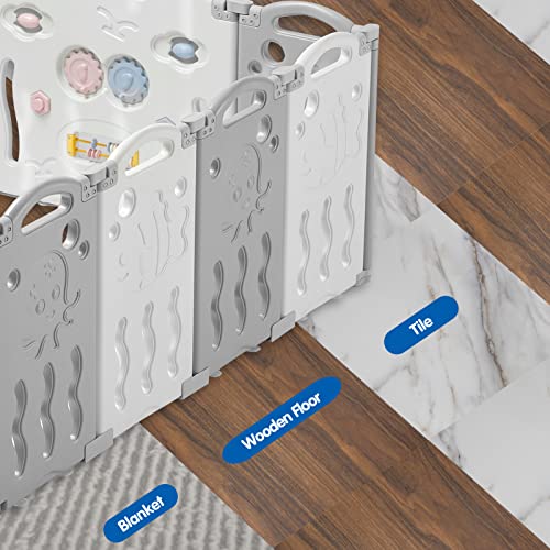 Albott Baby Playpen, Upgraded 18 Panels Foldable Baby Fence with Game Panel and Safety Gate, Adjustable Shape, Portable Baby Play Yards for Children Toddlers Indoors or Outdoors (18 Panel, White+Grey)