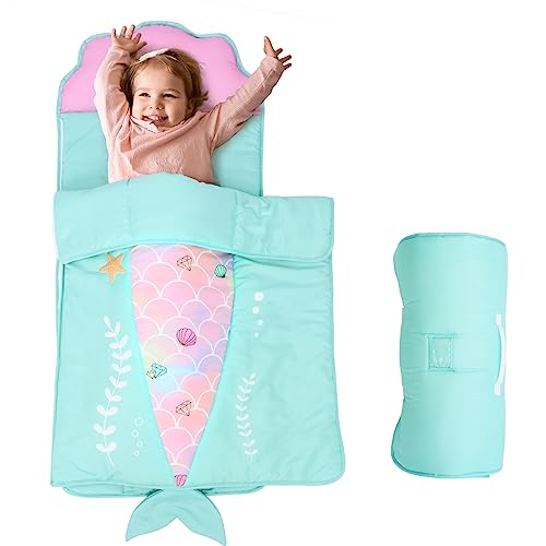 JISEN Toddler Nap Mat Kids Sleeping Bag with Removable Pillow and Blanket Nap Mat for Toddlers for Daycare Preschool Kindergarten Camping Travel Mermaid