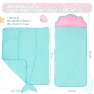 JISEN Toddler Nap Mat Kids Sleeping Bag with Removable Pillow and Blanket Nap Mat for Toddlers for Daycare Preschool Kindergarten Camping Travel Mermaid