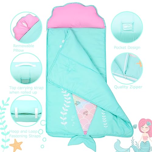 JISEN Toddler Nap Mat Kids Sleeping Bag with Removable Pillow and Blanket Nap Mat for Toddlers for Daycare Preschool Kindergarten Camping Travel Mermaid