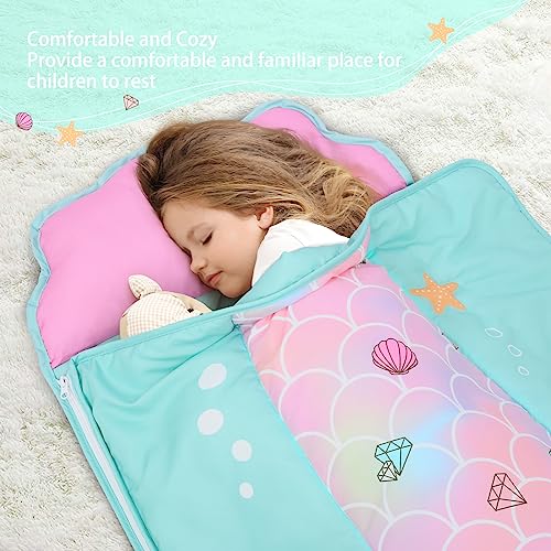 JISEN Toddler Nap Mat Kids Sleeping Bag with Removable Pillow and Blanket Nap Mat for Toddlers for Daycare Preschool Kindergarten Camping Travel Mermaid