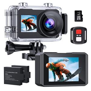 adostob 4k30fps action camera, ultra hd front lcd and 2.0" rear screen 40m/131ft underwater cameras,stabilization 170° wide angle wifi sports waterproof camera 2 batteries sd card accessories kit