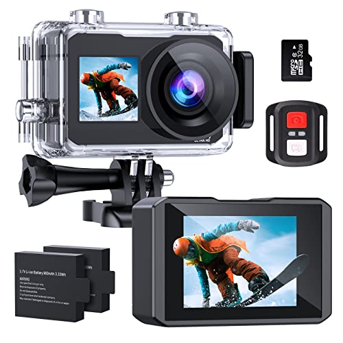 Adostob 4K30FPS Action Camera, Ultra HD Front LCD and 2.0" Rear Screen 40m/131ft Underwater Cameras,Stabilization 170° Wide Angle WiFi Sports Waterproof Camera 2 Batteries SD Card Accessories Kit