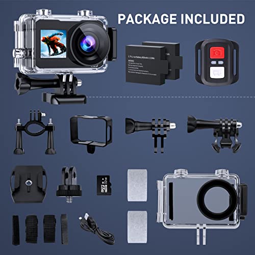 Adostob 4K30FPS Action Camera, Ultra HD Front LCD and 2.0" Rear Screen 40m/131ft Underwater Cameras,Stabilization 170° Wide Angle WiFi Sports Waterproof Camera 2 Batteries SD Card Accessories Kit