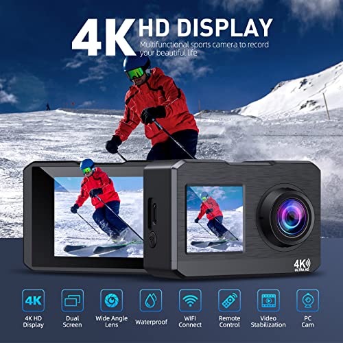 Adostob 4K30FPS Action Camera, Ultra HD Front LCD and 2.0" Rear Screen 40m/131ft Underwater Cameras,Stabilization 170° Wide Angle WiFi Sports Waterproof Camera 2 Batteries SD Card Accessories Kit