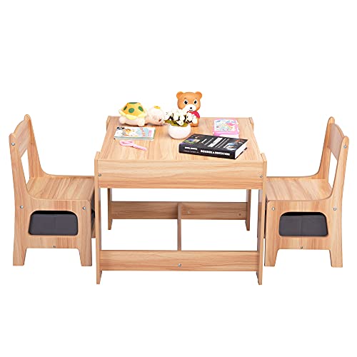 Nyeekoy 3 in1 Multifunctional Wood Table and 2 Chairs Set, White and Gray Children Activity Desk for Toddlers Playing, Drawing, Reading