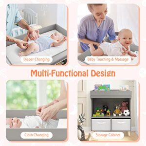 Costzon Baby Changing Table, 2 Drawer Infant Diaper Changing Station with Waterproof Changing Pad, Solid Wood Legs, Changing Table Dresser for Nursery (Gray)