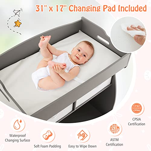 Costzon Baby Changing Table, 2 Drawer Infant Diaper Changing Station with Waterproof Changing Pad, Solid Wood Legs, Changing Table Dresser for Nursery (Gray)