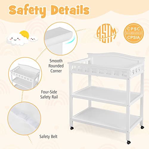 Costzon Baby Changing Table, Infant Diaper Changing Station w/Waterproof Changing Pad, Safety Strap, Storage Shelves, Mobile Nursery Organizer for Newborn, Portable Changing Table with Wheels (White)